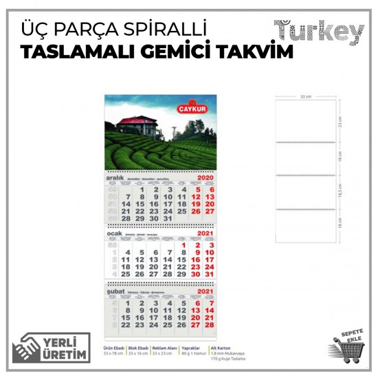 Taslamalı Gemici Takvim Üç Parça Spiralli